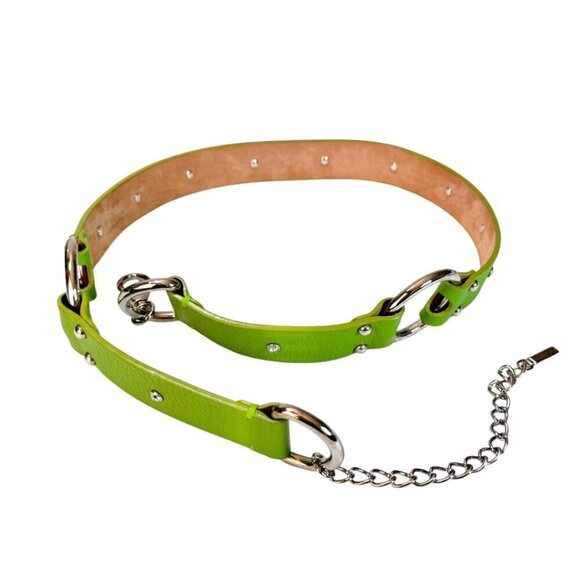 VTG Y2K Authentic Dolce & Gabbana Leather Belt 95-38 Green Rhinestones Rings